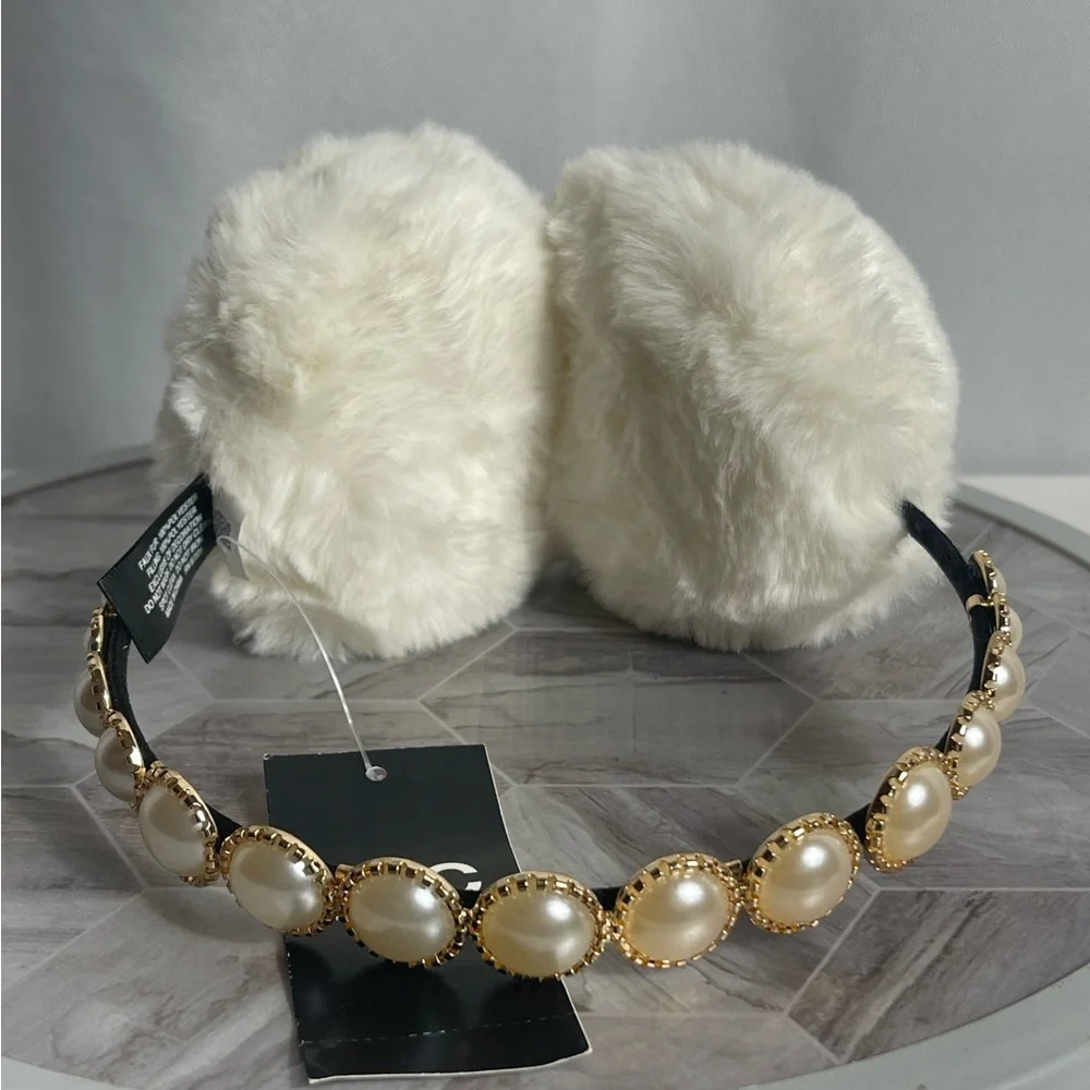 INC International Concepts Faux Fur Pearl Headband Earmuffs Ivory One Size NWT